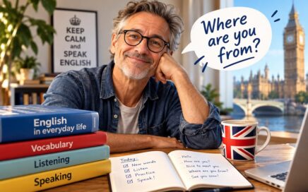 Älterer Mann beim Auffrischen seiner Englischkenntnisse mit Lernbüchern, Notizheft und Blick auf London.