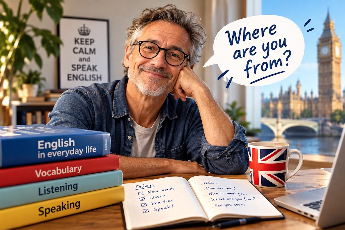 Älterer Mann beim Auffrischen seiner Englischkenntnisse mit Lernbüchern, Notizheft und Blick auf London.
