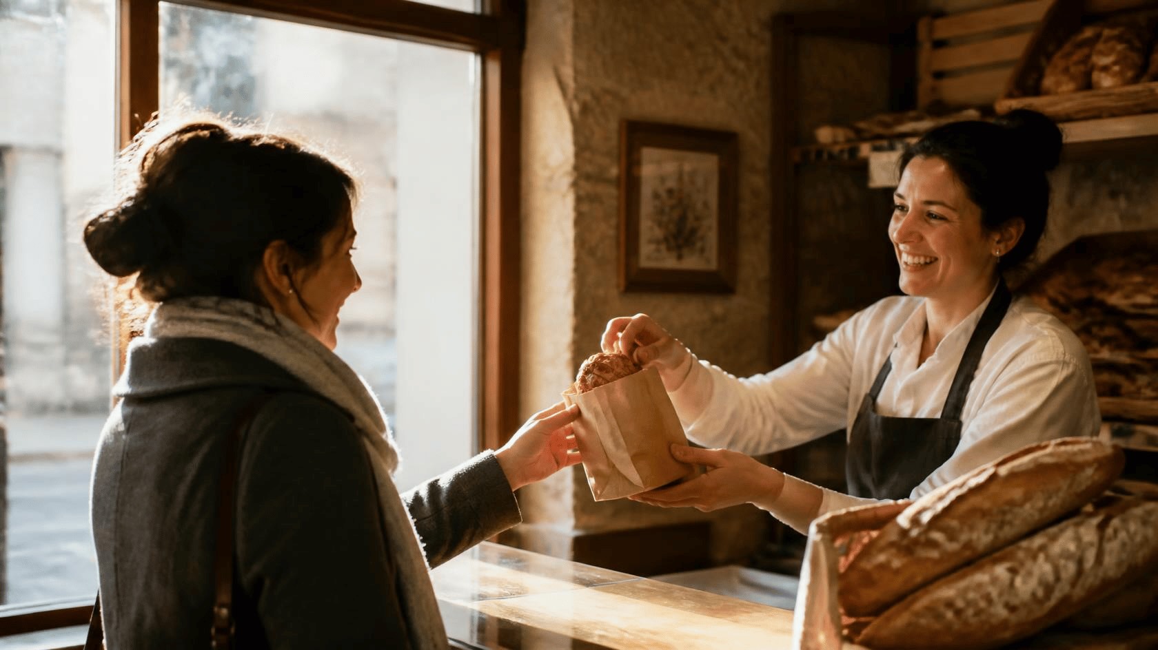 Kundin bestellt ein Croissant in einer französischen Bäckerei und unterhält sich mit der Verkäuferin